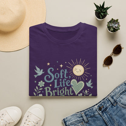 Soft Life Bright Heart T-Shirt | sun, doves, floral graphic