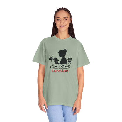 Crime Novels and Carpool Lines T-shirt | Reading Mom Silhouette, Coffee Graphic