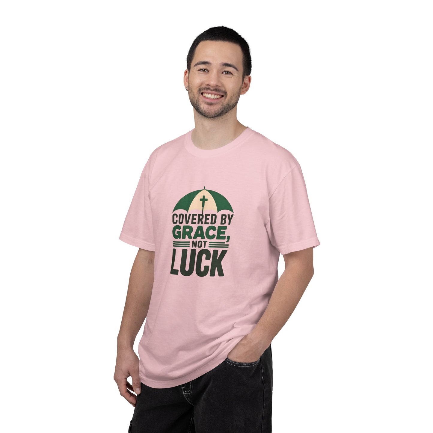 Covered by Grace Not Luck T-Shirt | Christian faith tee, cross graphic