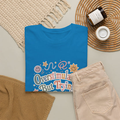 Overstimulated But Trying tee | Funny Mental Health Shirt, Cute Retro Doodles