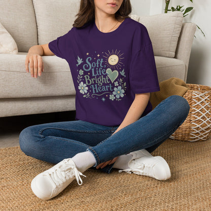 Soft Life Bright Heart T-Shirt | sun, doves, floral graphic