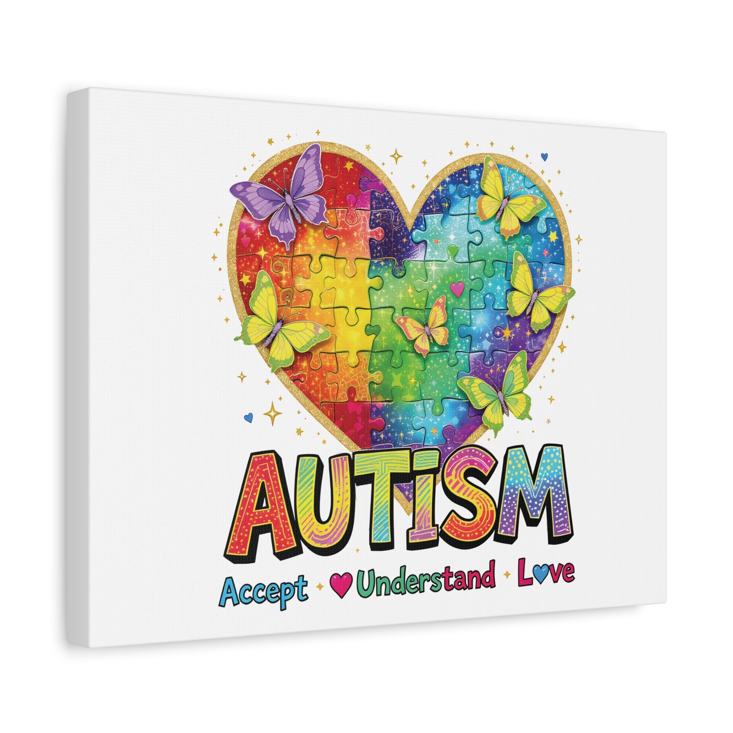 Autism Heart Puzzle Rainbow Butterflies Canvas | Accept Understand Love