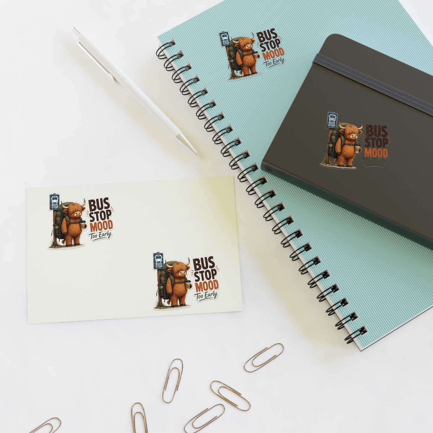 Bus Stop Mood Too Early Sticker Sheet | Highland Cow Sticker, Travel Coffee Decal