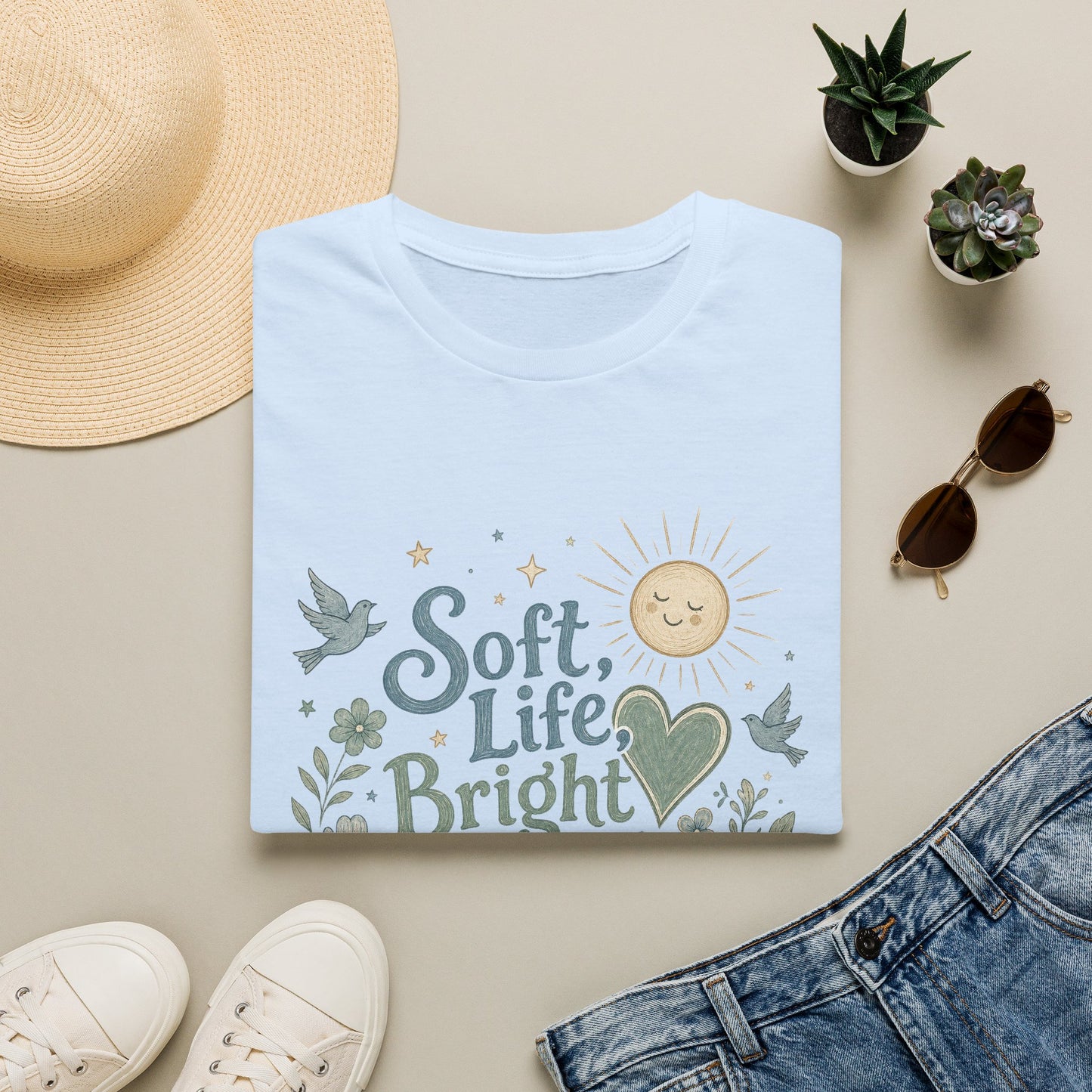 Soft Life Bright Heart T-Shirt | sun, doves, floral graphic