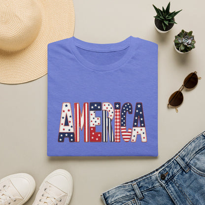 American Flag Patchwork Style Letters T-Shirt | Patriotic Fourth of July Tee