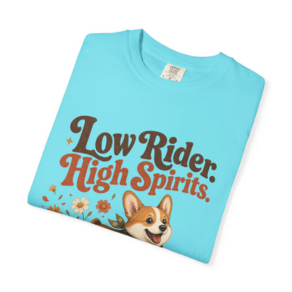 Low Rider High Spirits Corgi T-Shirt | Running Corgi Illustration, Autumn Leaves