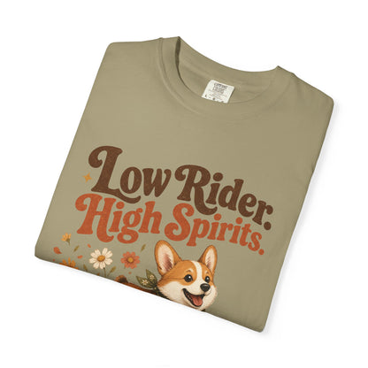 Low Rider High Spirits Corgi T-Shirt | Running Corgi Illustration, Autumn Leaves