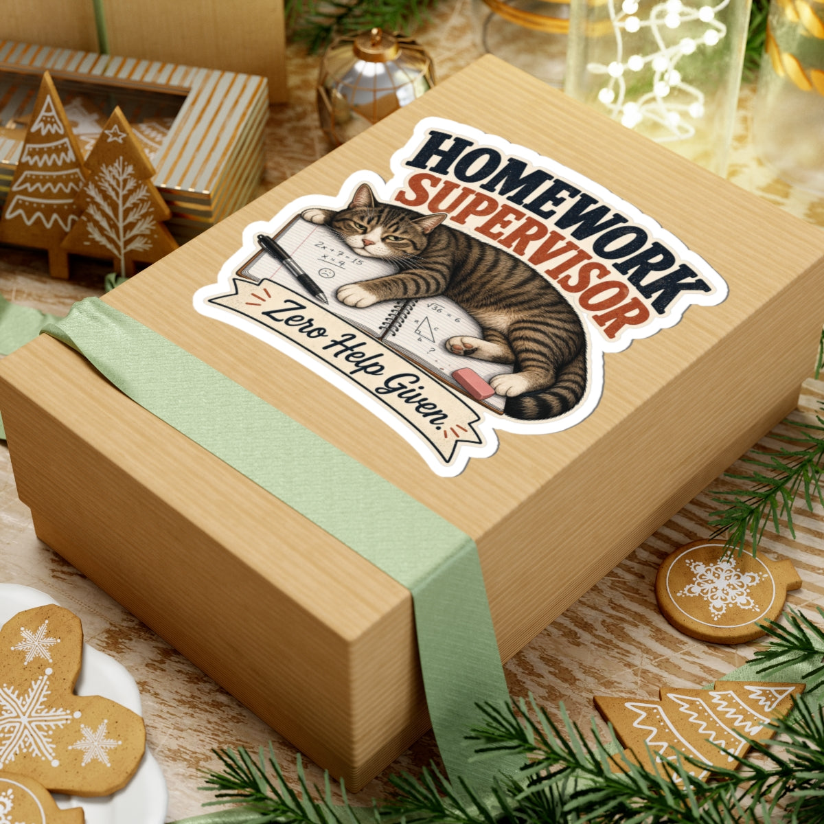 Homework Supervisor Cat sticker | Kiss-cut vinyl sticker, "Zero Help Given"