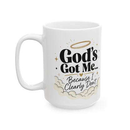 God's Got Me Mug | Religious Christian Coffee Cup with Halo & Clouds
