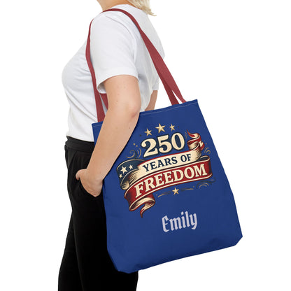 250 Years of Freedom Tote Bag | Patriotic Flag Ribbon Design