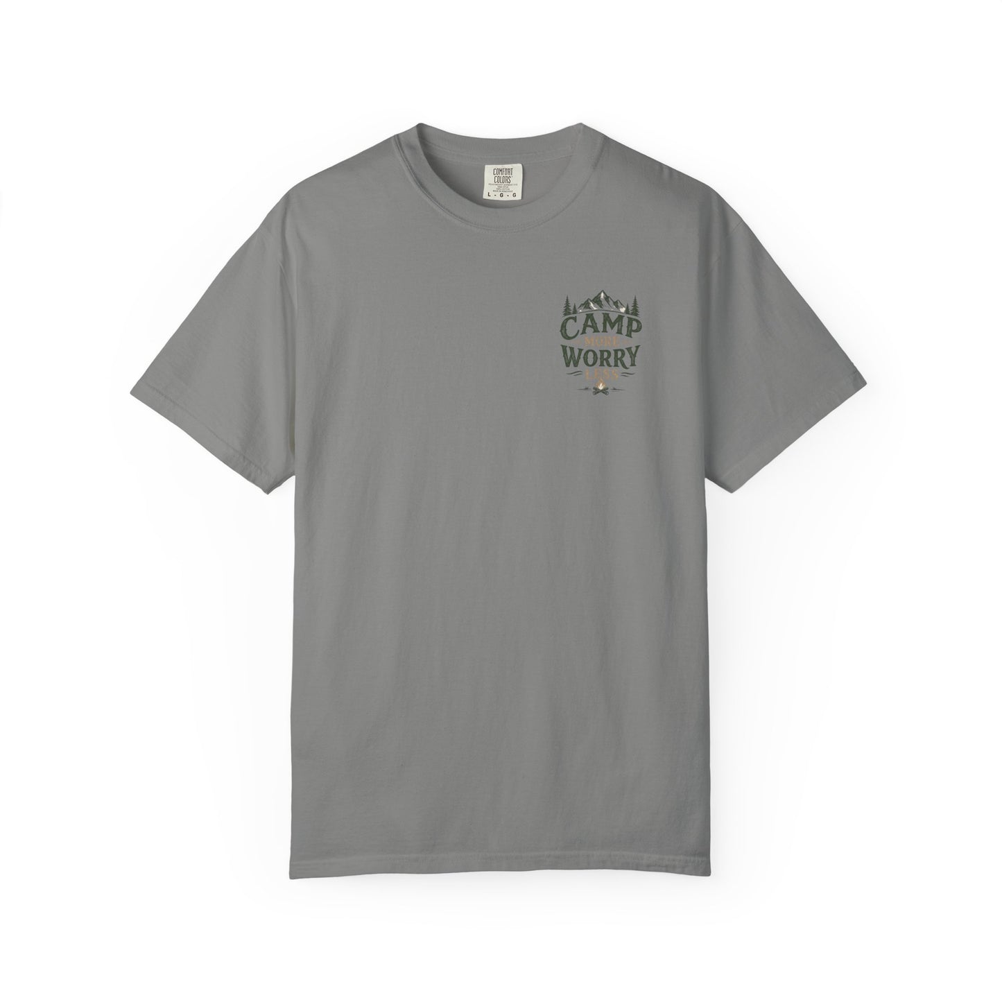 Camp More Worry Less T-shirt | Camping Mountains Pine Trees Design