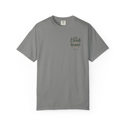Camp More Worry Less T-shirt | Camping Mountains Pine Trees Design