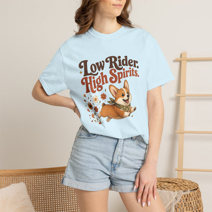 Low Rider High Spirits Corgi T-Shirt | Running Corgi Illustration, Autumn Leaves