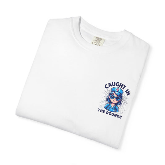 Unisex Graphic Tee - 'Caught in the Rounds', Casual Wear, Gift for Friends, Comfortable Everyday Tee, Fun Summer Shirt, Halloween Nurse