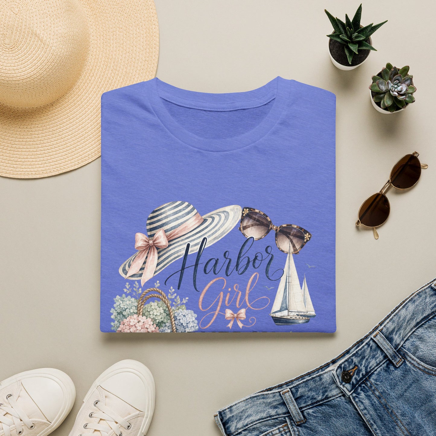 Harbor Girl illustration T-Shirt | Nautical hat, sailboat, seashells