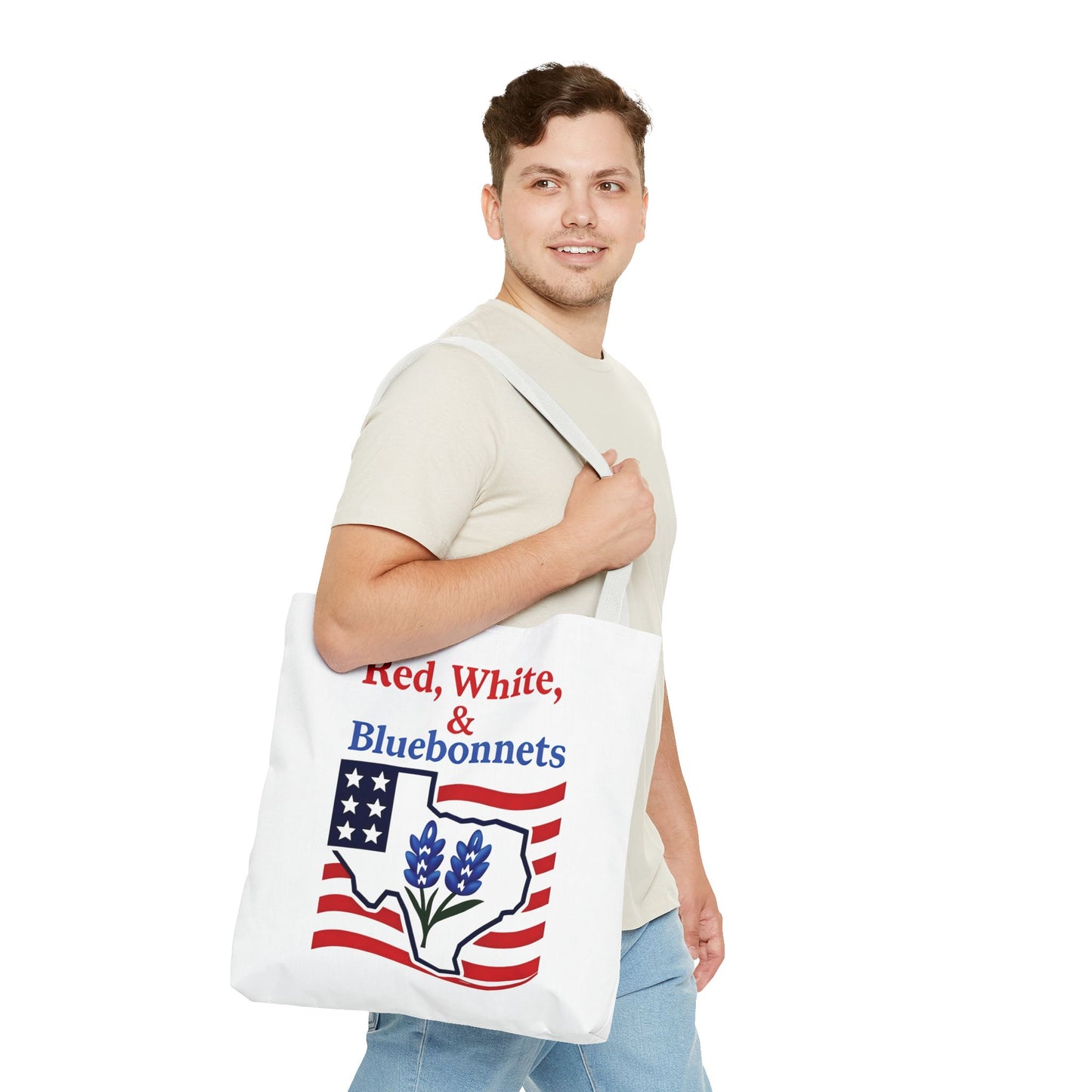 Texas Patriot Tote Bag, Red White and Bluebonnets, Independence Day Accessory, Summer Travel Bag, Gift for Texans, Stylish Grocery Tote