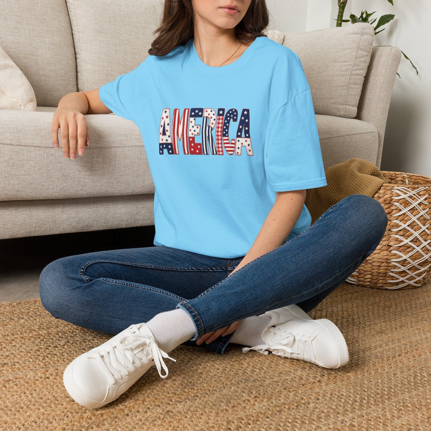 American Flag Patchwork Style Letters T-Shirt | Patriotic Fourth of July Tee