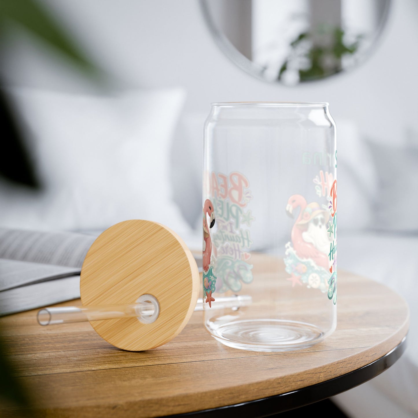 Beach Ghost with Flamingo Sipper Glass | 16oz Tropical Tumbler