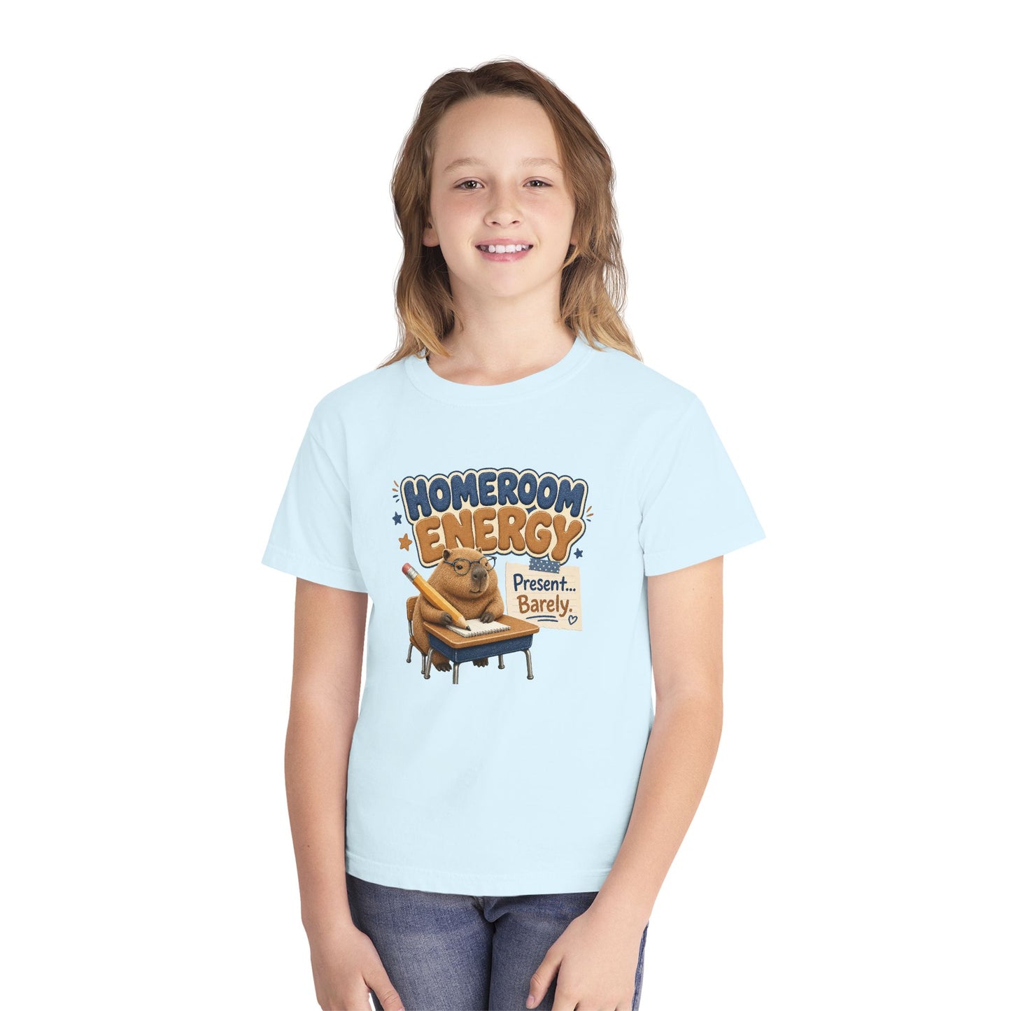 Homeroom Energy Sloth on Desk Youth Tee | Funny School Illustration