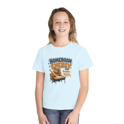 Homeroom Energy Sloth on Desk Youth Tee | Funny School Illustration