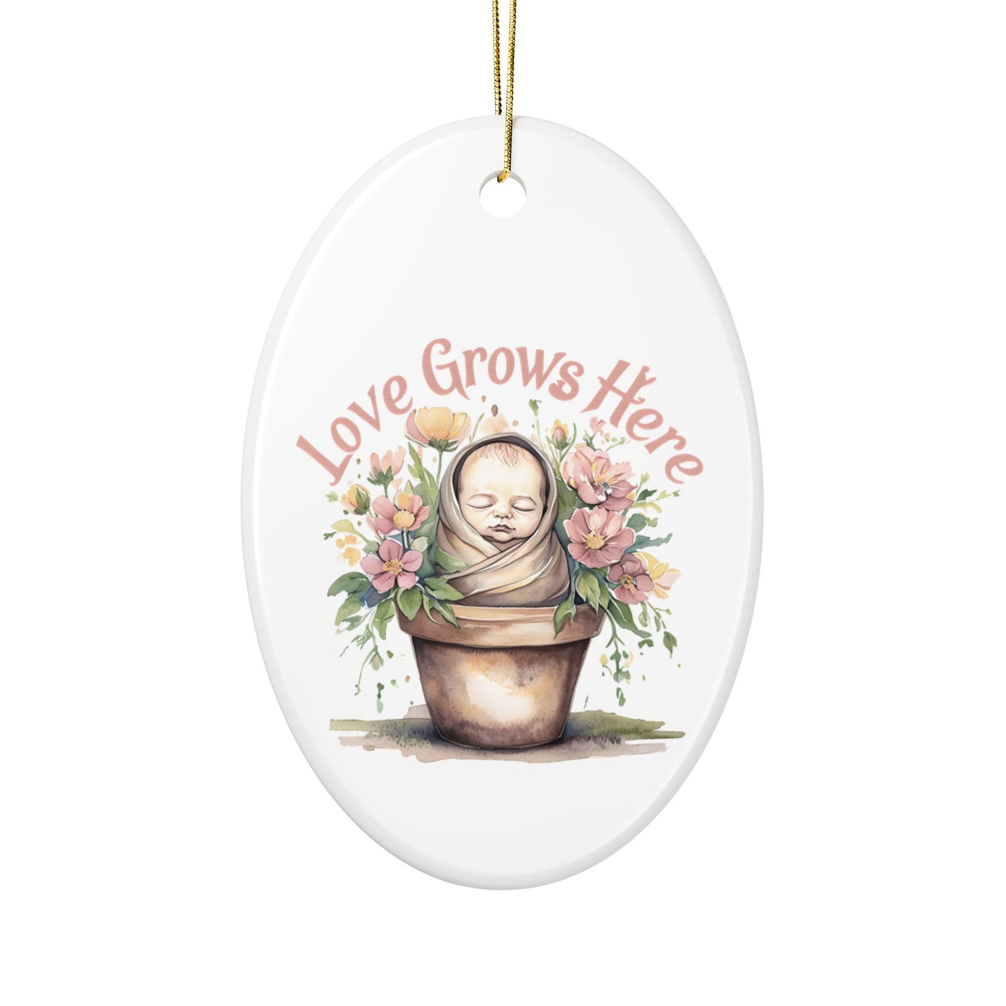 Love Grows Here Ceramic Ornaments, 2-Sided Print, Nursery Decor, Baby Shower Gift, Holiday Ornament, Floral Keepsake