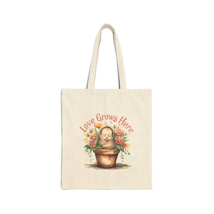 Love Grows Here Cotton Canvas Tote Bag - Floral Shopping Bag, NICU Nurse Gift, Eco-Friendly Tote, Gardening Gift, Mother's Day Gift