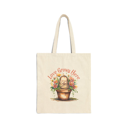 Love Grows Here Cotton Canvas Tote Bag - Floral Shopping Bag, NICU Nurse Gift, Eco-Friendly Tote, Gardening Gift, Mother's Day Gift