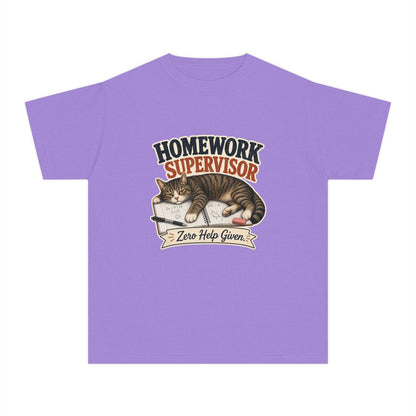 Homework Supervisor Cat Youth Tee | "Zero Help Given" retro kitten design
