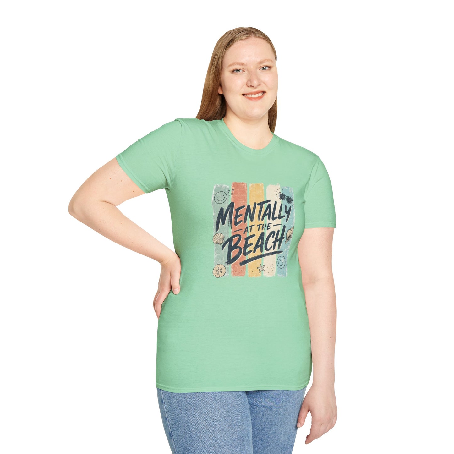 Mentally at the Beach T-Shirt | Retro Stripes, Sunglasses & Seashells