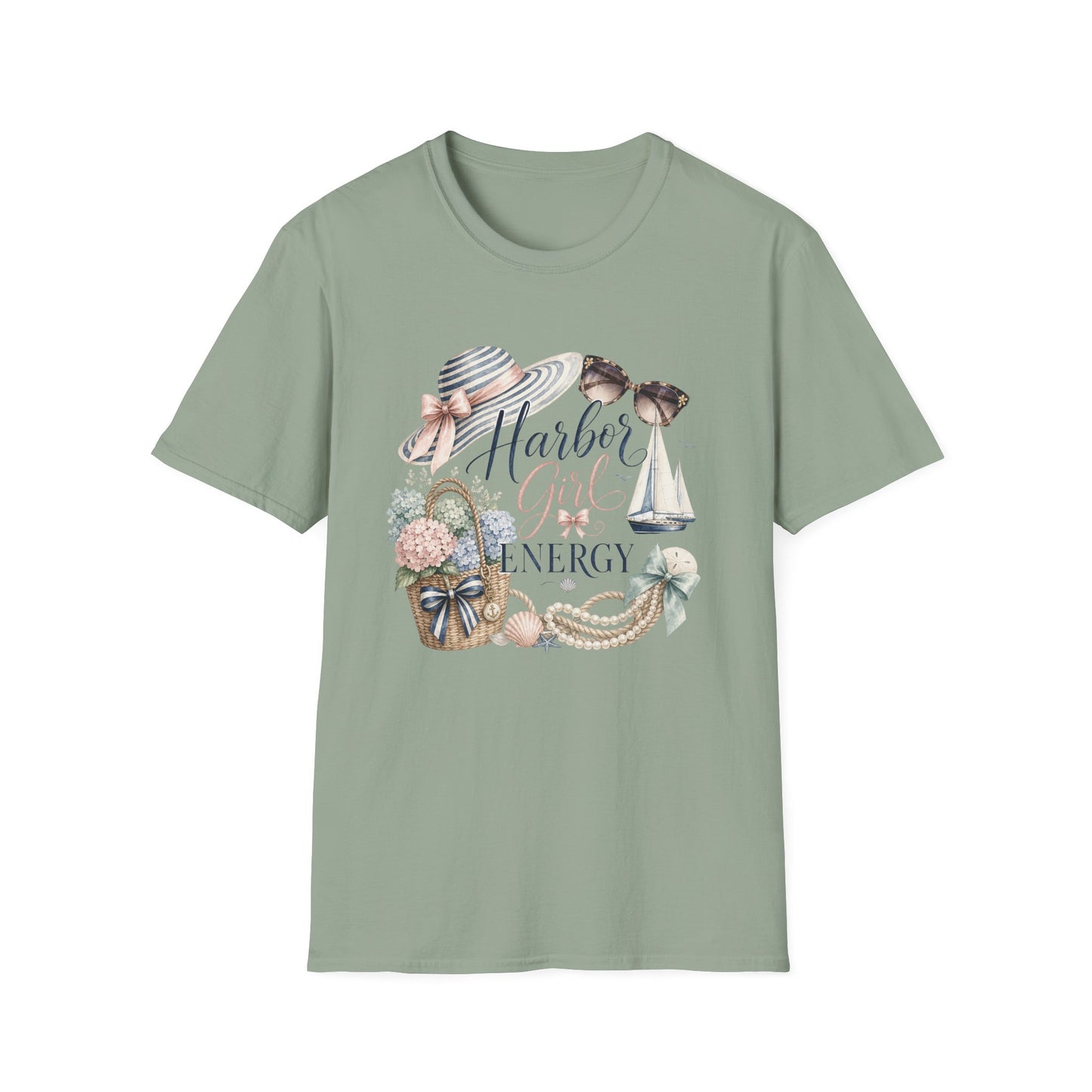 Harbor Girl illustration T-Shirt | Nautical hat, sailboat, seashells