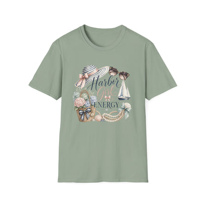 Harbor Girl illustration T-Shirt | Nautical hat, sailboat, seashells