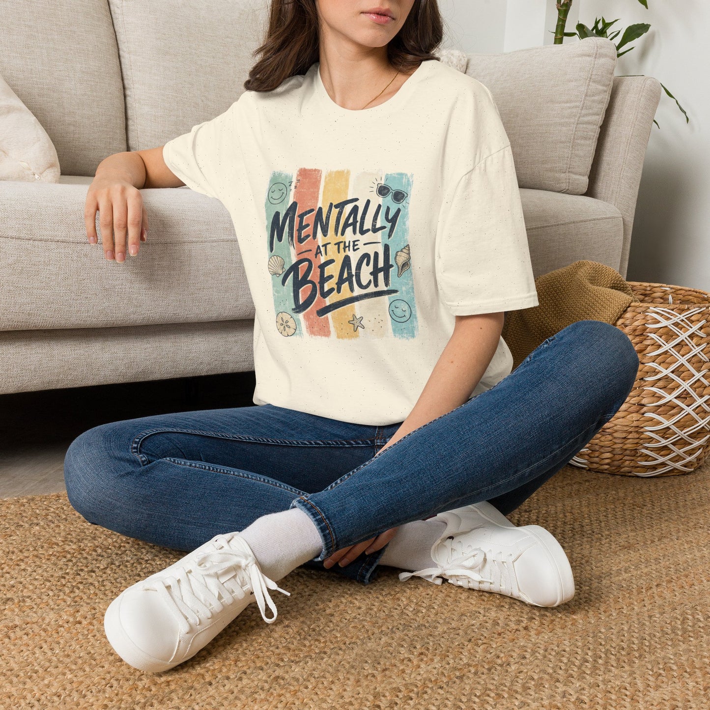 Mentally at the Beach T-Shirt | Retro Stripes, Sunglasses & Seashells