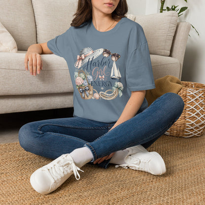 Harbor Girl illustration T-Shirt | Nautical hat, sailboat, seashells