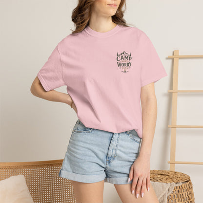 Camp More Worry Less T-shirt | Camping Mountains Pine Trees Design