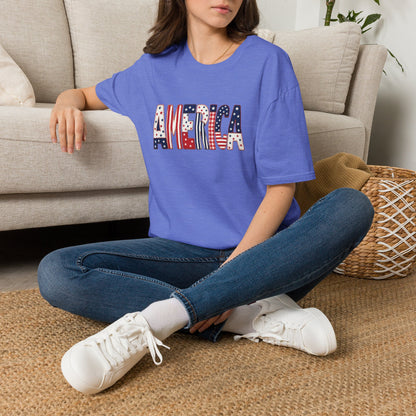 American Flag Patchwork Style Letters T-Shirt | Patriotic Fourth of July Tee