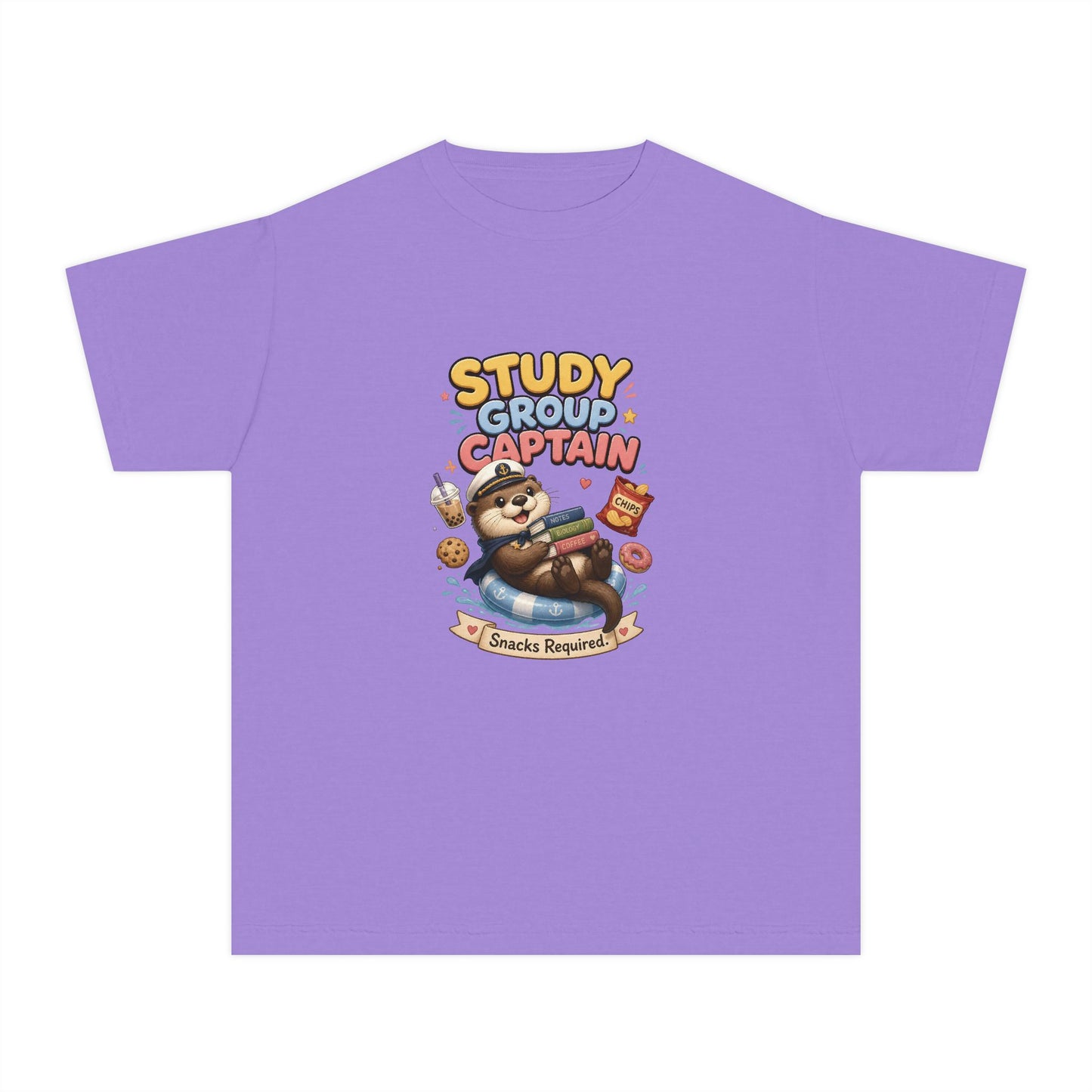 Study Group Captain Youth Tee | Sloth Studying Snacks Graphic