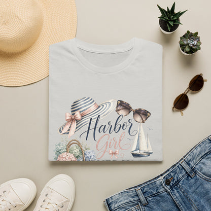 Harbor Girl illustration T-Shirt | Nautical hat, sailboat, seashells