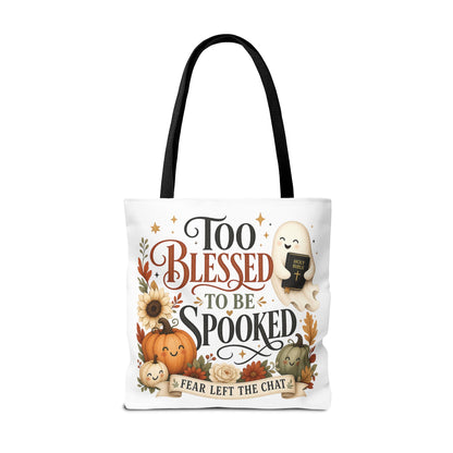 Too Blessed to Be Spooked Tote Bag | Halloween Pumpkin Ghost Fall Leaves