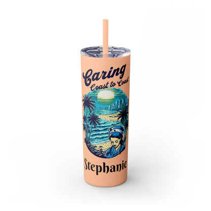 Travel Nurse Skinny Tumbler, Personalized with Name, Perfect Gift for Beach Lovers, Summer Adventures, Eco-Friendly Drinkware, Miami Theme