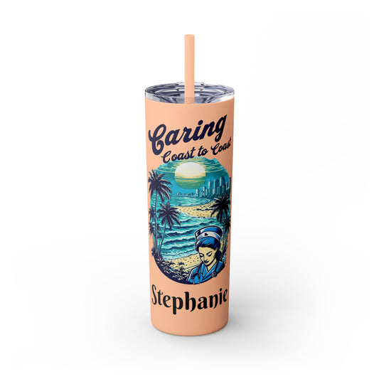 Travel Nurse Skinny Tumbler, Personalized with Name, Perfect Gift for Beach Lovers, Summer Adventures, Eco-Friendly Drinkware, Miami Theme