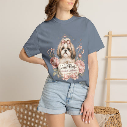 Shih Tzu Floral Portrait T-Shirt | Tiny Floof Illustration, Pink Roses