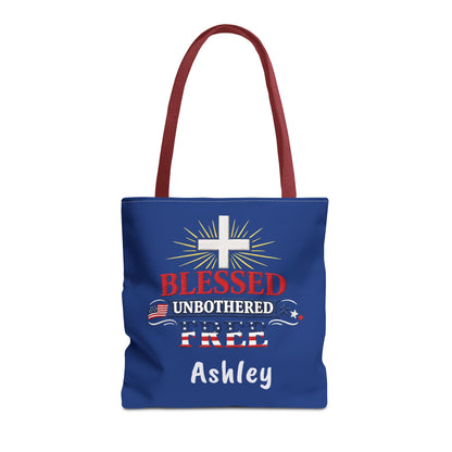 Blessed Unbothered Free Cross tote bag | patriotic faith design