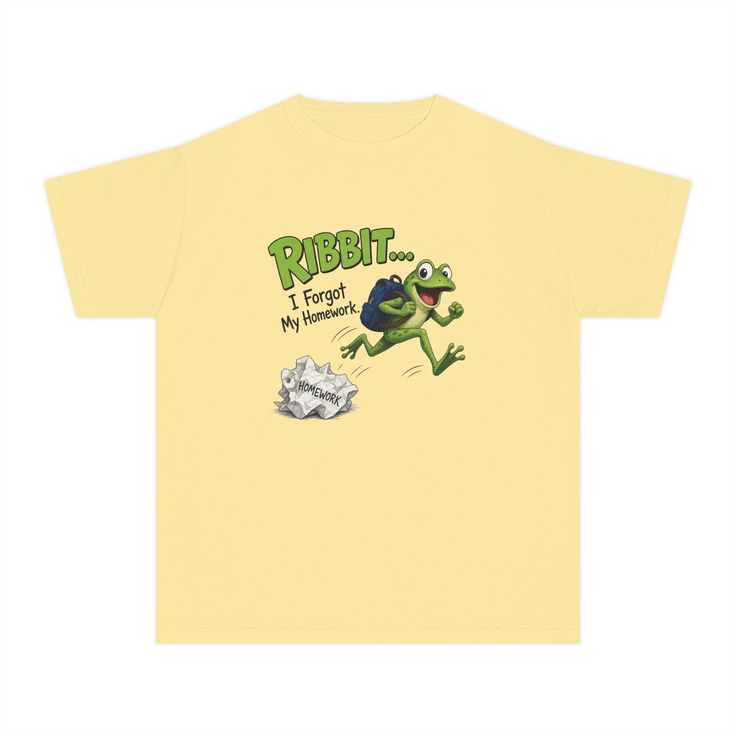 Ribbit Frog Character Youth Tee | Funny Forgot My Homework Design