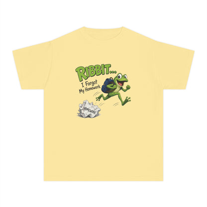 Ribbit Frog Character Youth Tee | Funny Forgot My Homework Design