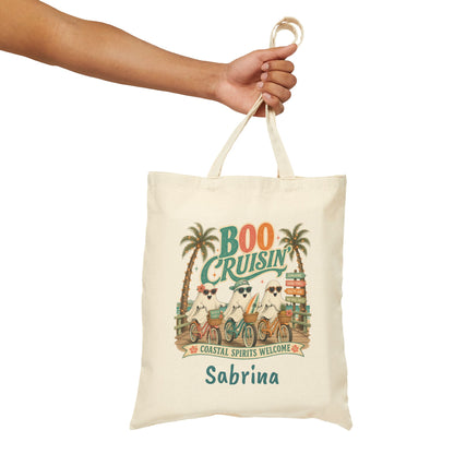 Boo Cruisin' ghost beach scene Tote | Halloween coastal spooky palm trees