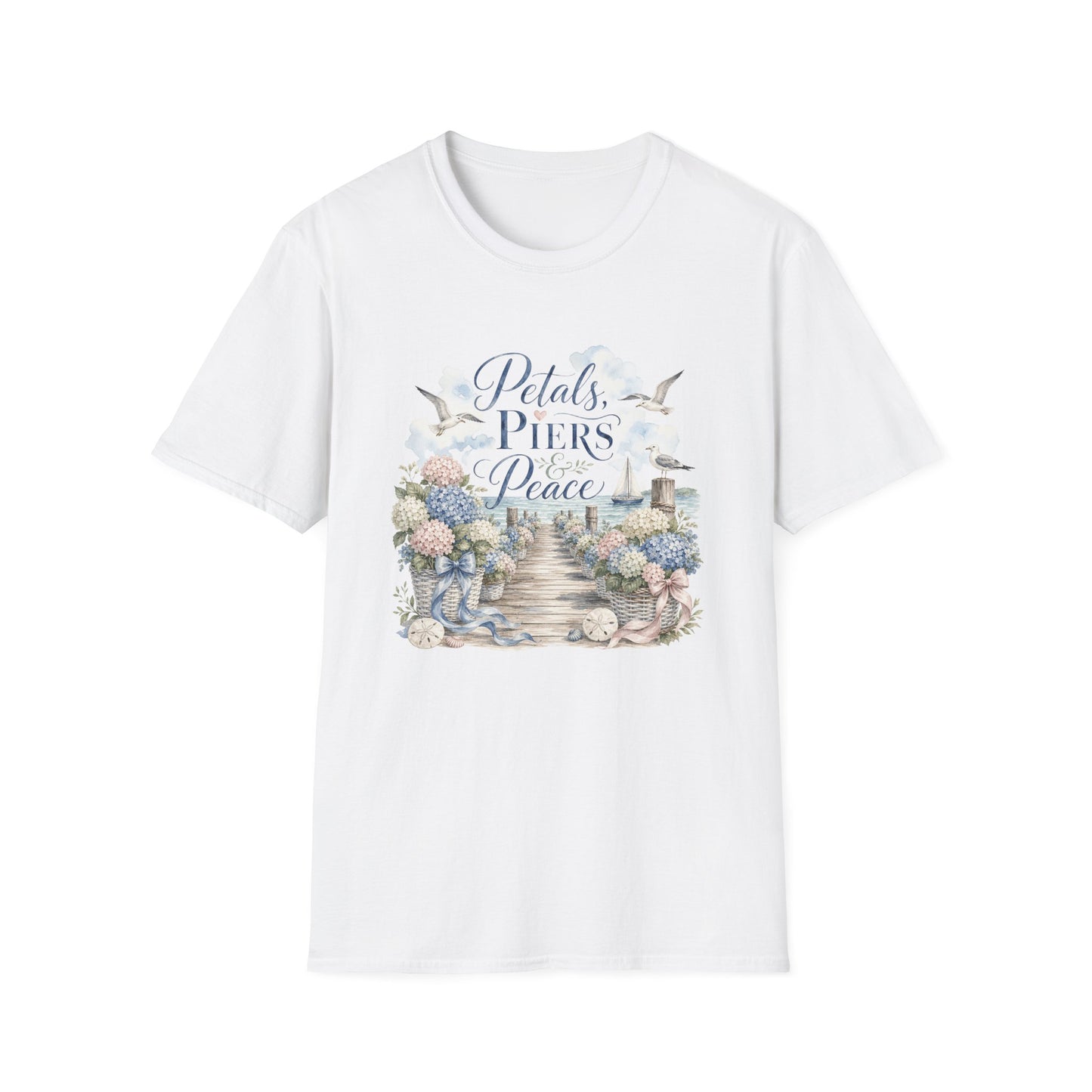 Petals Piers Peace T-Shirt | Coastal Lighthouse Floral Seagulls Design