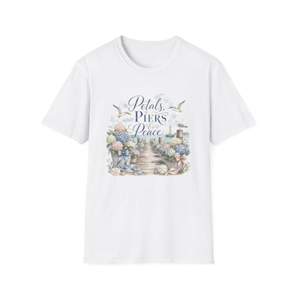 Petals Piers Peace T-Shirt | Coastal Lighthouse Floral Seagulls Design