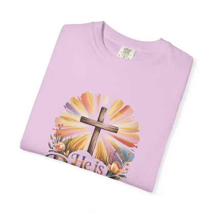 He Is Risen cross sunrise design T-Shirt | Easter faith floral