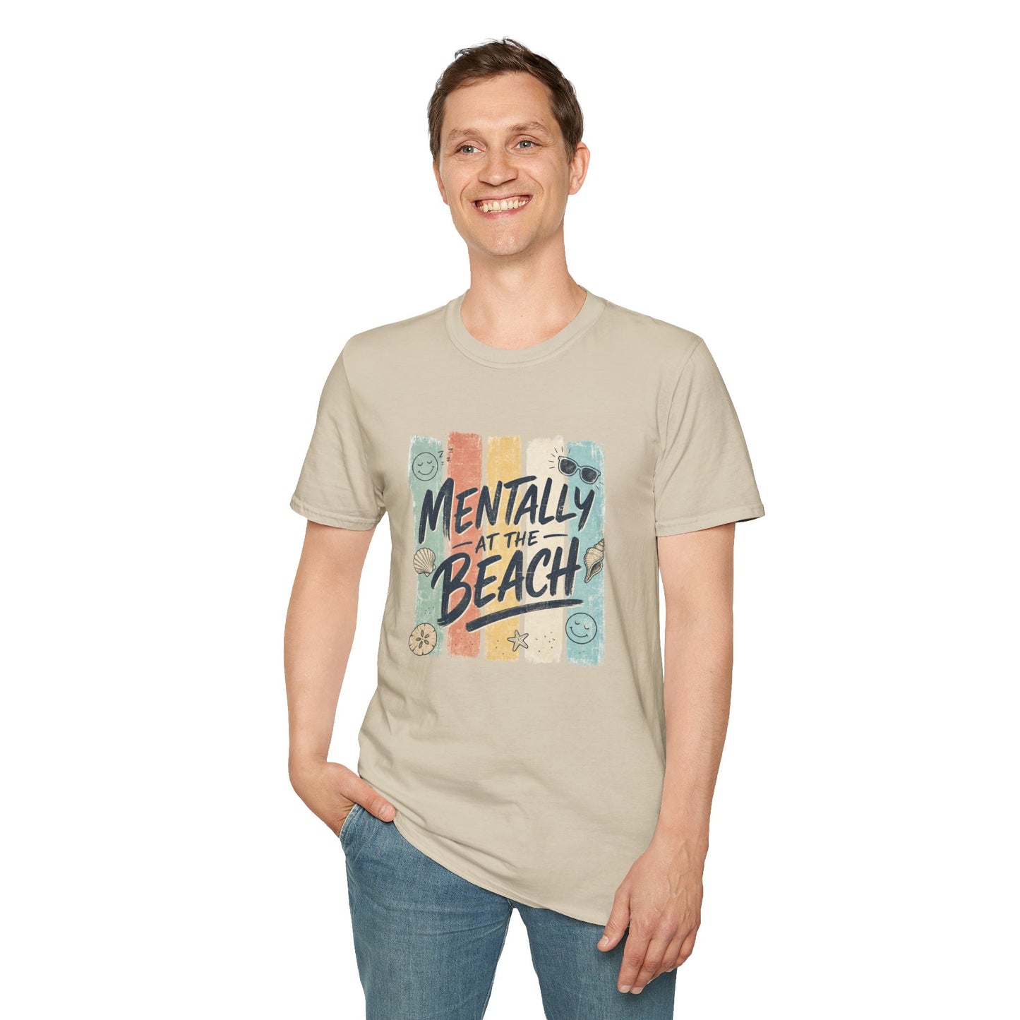 Mentally at the Beach T-Shirt | Retro Stripes, Sunglasses & Seashells