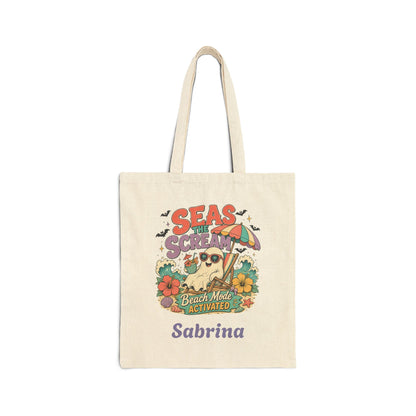 Seas the Scream beach pug illustration Tote Bag | personalized name option